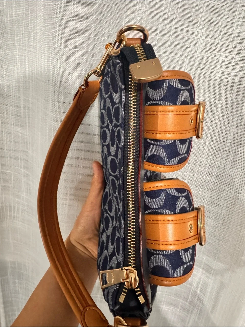 Coach Navy Signature Canvas Baguette Shoulder Bag with Tan Leather Buckles - Picture 14 of 16
